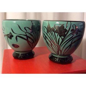 Art Nouveau Cambridge 1895-1920s‎ Sterling silver overlay Teal glass Jardinieres